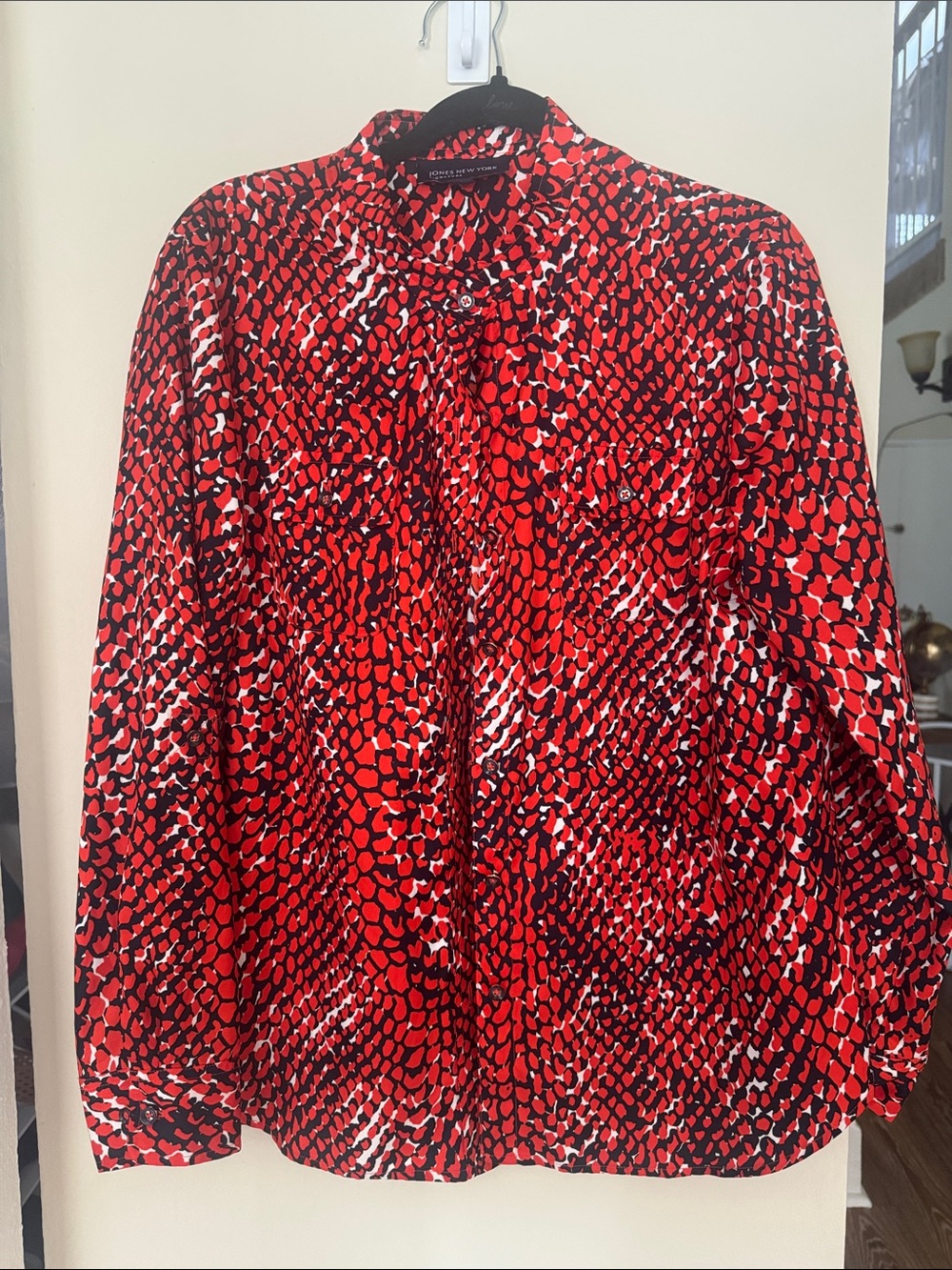 Jones New York Red and Black Printed Button-Front Jacket